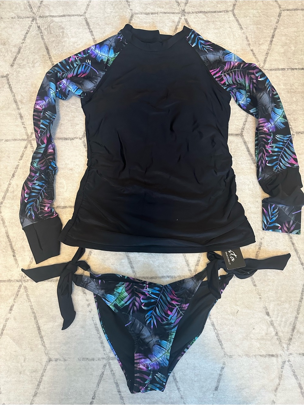 Women’s Black Rash Guard Bikini Set with Purple & Teal Tropical Print